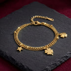 Marvel Silver gold-plated layered bracelet featuring elegant four-leaf clover charms, a star charm, dual-chain design, and an adjustable extension chain, perfect for women and girls for daily wear, parties, festive occasions, and gifting.