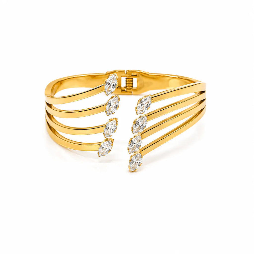 Marvel Silver gold-plated multi-layer cuff kada featuring sparkling marquise-cut Cubic Zirconia stones and a secure hinged closure, designed for women and girls, ideal for weddings, parties, festive occasions, office wear, daily wear, and gifting.