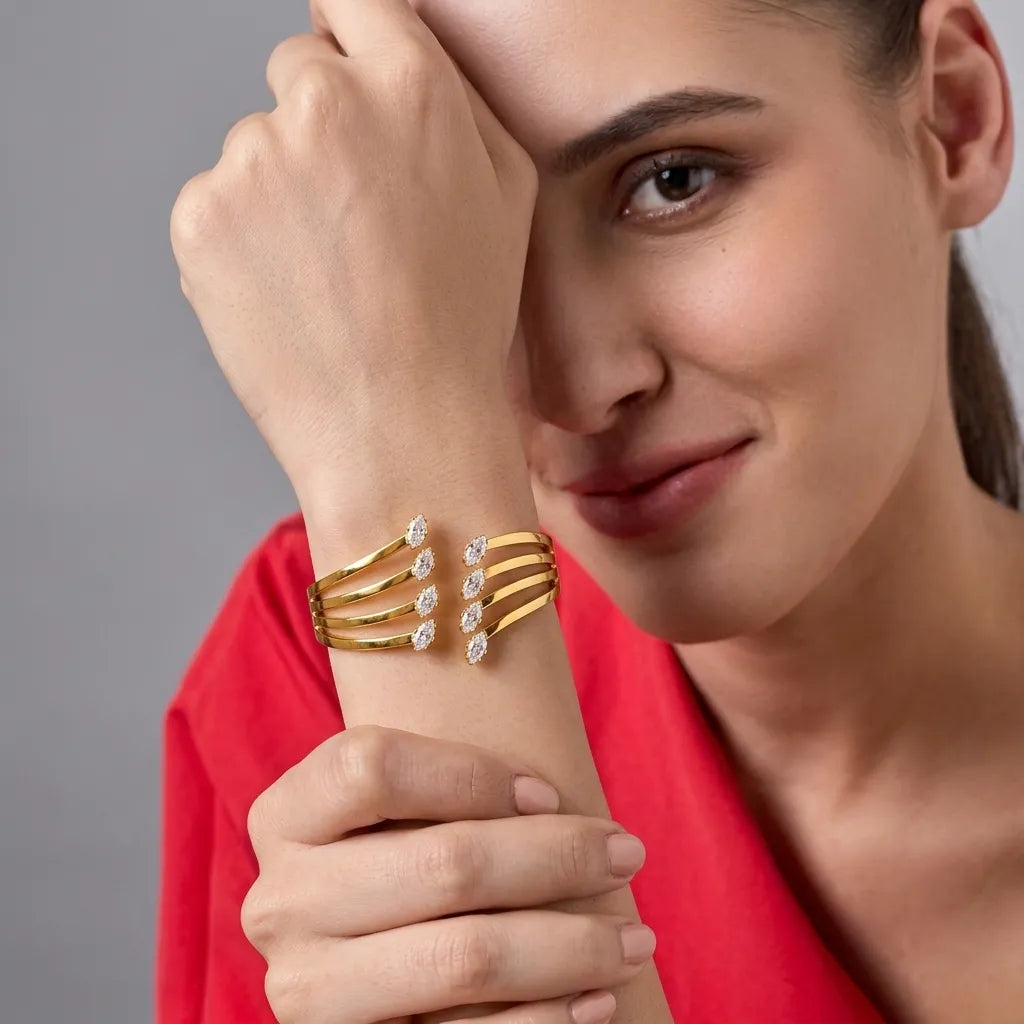 Marvel Silver gold-plated multi-layer cuff kada featuring sparkling marquise-cut Cubic Zirconia stones and a secure hinged closure, designed for women and girls, ideal for weddings, parties, festive occasions, office wear, daily wear, and gifting.