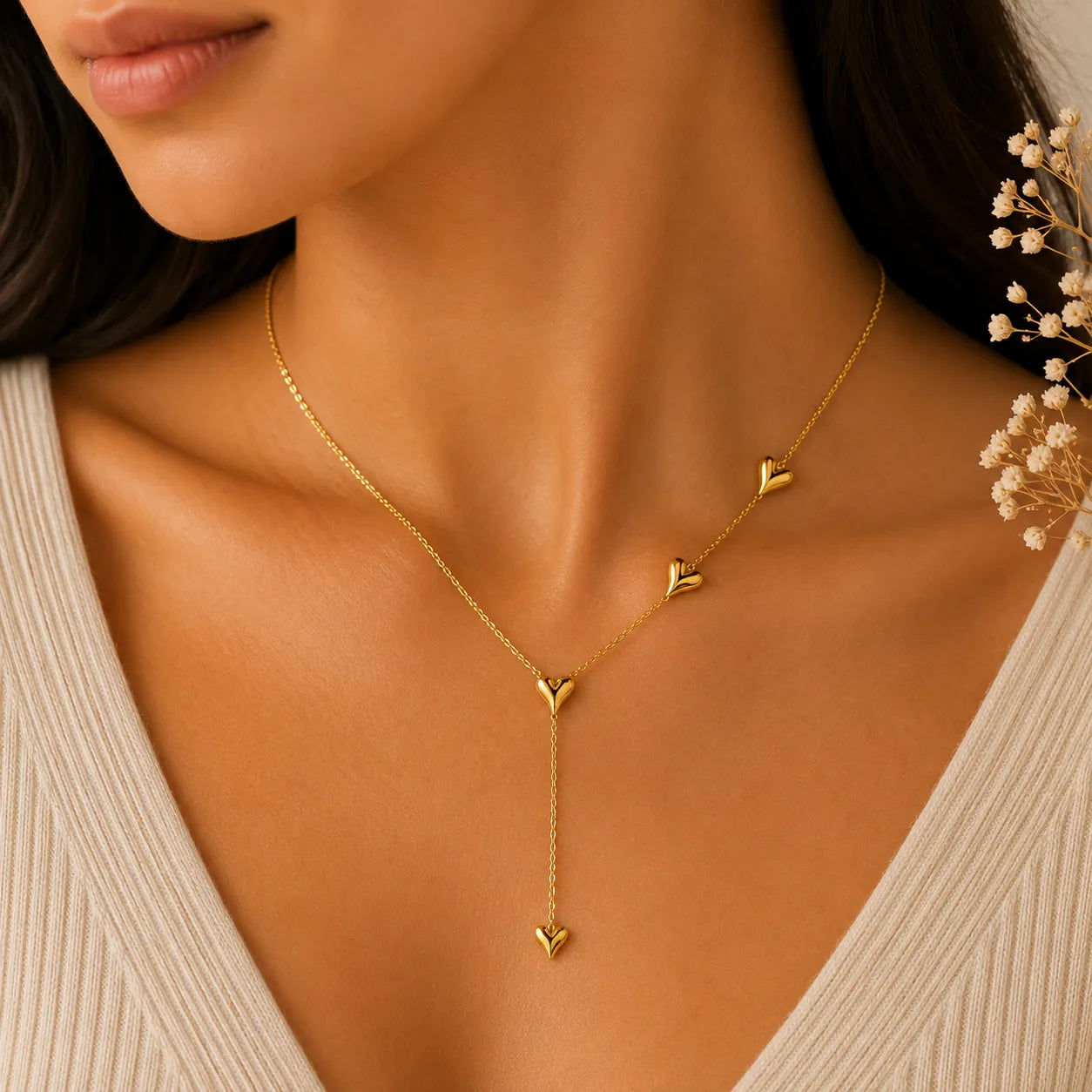 Marvel Silver gold-plated multi heart drop chain pendant for women and girls featuring a Y-shaped chain with polished heart charms and a premium high-shine gold finish, perfect for everyday and party wear.