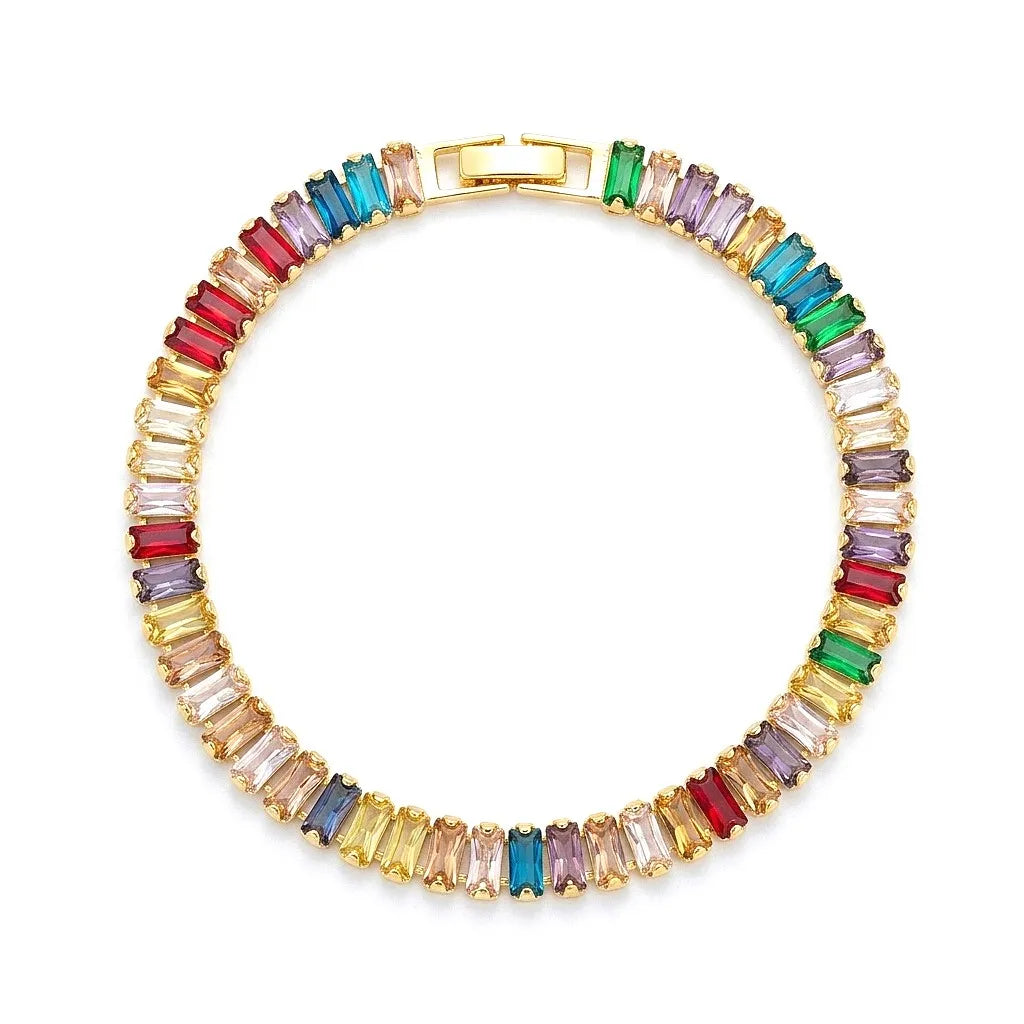 Marvel Silver gold-plated multicolor baguette tennis bracelet for women and girls featuring sparkling colourful CZ stones, a secure box clasp, and a premium polished finish, perfect for everyday wear, parties, weddings, and special occasions.