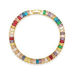 Marvel Silver gold-plated multicolor baguette tennis bracelet for women and girls featuring sparkling colourful CZ stones, a secure box clasp, and a premium polished finish, perfect for everyday wear, parties, weddings, and special occasions.