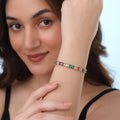 Marvel Silver gold-plated multicolor baguette tennis bracelet for women and girls featuring sparkling colourful CZ stones, a secure box clasp, and a premium polished finish, perfect for everyday wear, parties, weddings, and special occasions.