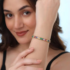 Marvel Silver gold-plated multicolor baguette tennis bracelet for women and girls featuring sparkling colourful CZ stones, a secure box clasp, and a premium polished finish, perfect for everyday wear, parties, weddings, and special occasions.