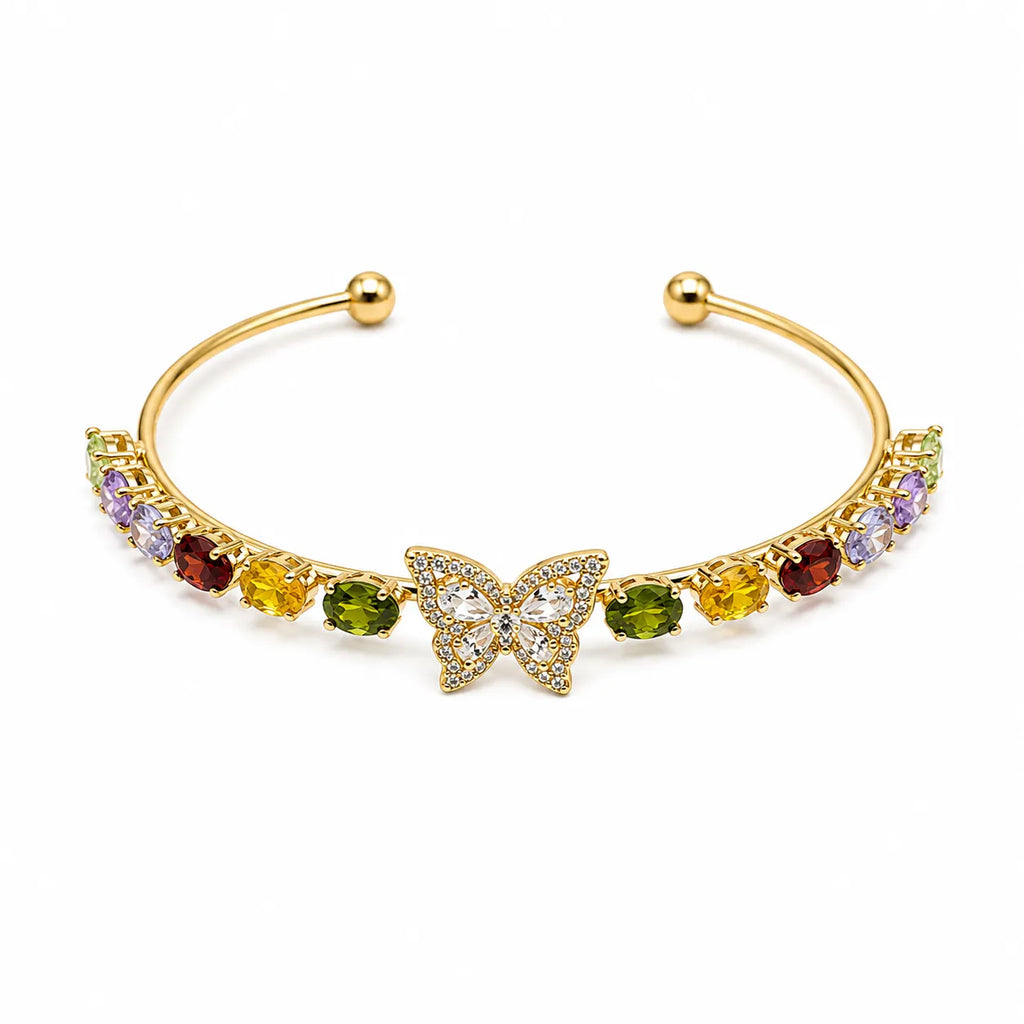 Marvel Silver gold-plated open cuff kada featuring a sparkling Cubic Zirconia butterfly centerpiece with vibrant multicolor crystal accents, designed for women and girls, perfect for weddings, parties, festive occasions, office wear, daily wear, and gifting.