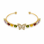 Marvel Silver gold-plated open cuff kada featuring a sparkling Cubic Zirconia butterfly centerpiece with vibrant multicolor crystal accents, designed for women and girls, perfect for weddings, parties, festive occasions, office wear, daily wear, and gifting.