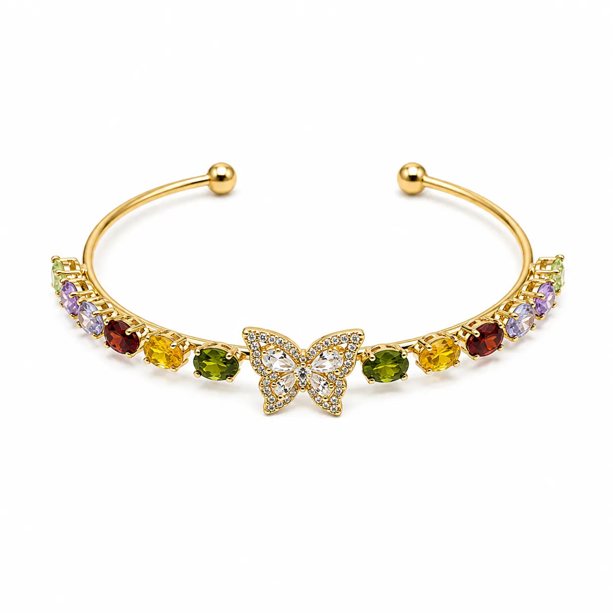 Marvel Silver gold-plated open cuff kada featuring a sparkling Cubic Zirconia butterfly centerpiece with vibrant multicolor crystal accents, designed for women and girls, perfect for weddings, parties, festive occasions, office wear, daily wear, and gifting.