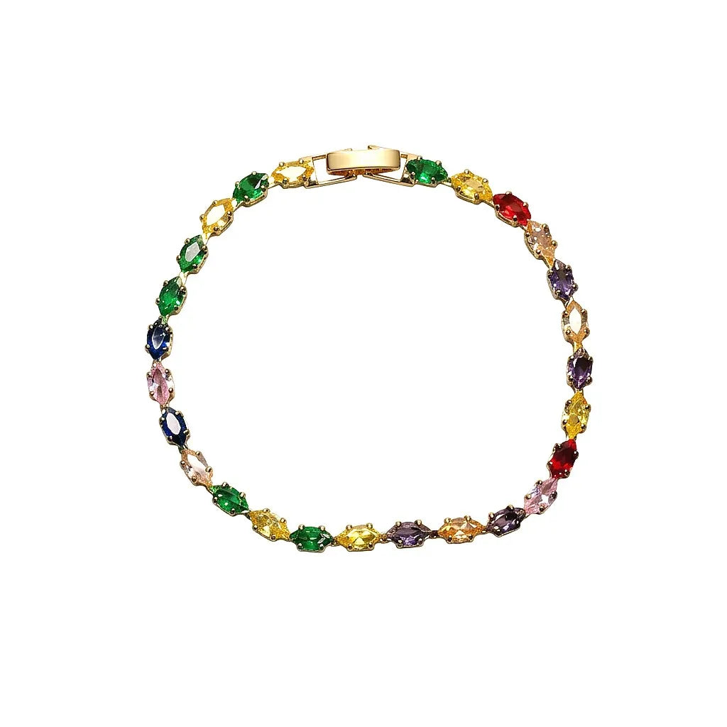 Marvel Silver gold-plated multicolor marquise crystal bracelet featuring colourful gemstone-inspired crystals in green, blue, red, purple, yellow, pink, and champagne shades, designed for women and girls, perfect for parties, weddings, festive occasions, daily wear, and gifting.