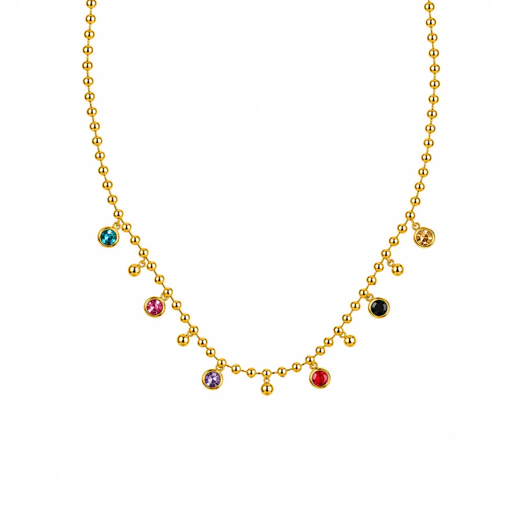 Marvel Silver gold-plated multicolor stone chain pendant for women and girls featuring colorful crystal charms, polished bead accents, and a delicate gold chain with a premium finish.