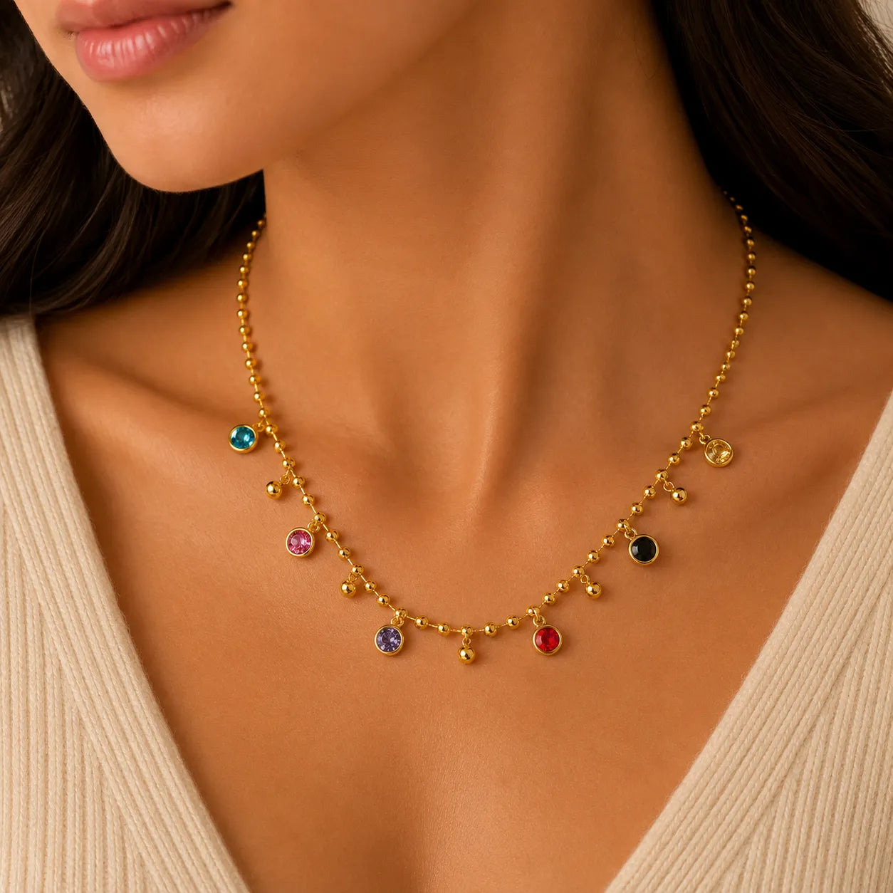 Marvel Silver gold-plated multicolor stone chain pendant for women and girls featuring colorful crystal charms, polished bead accents, and a delicate gold chain with a premium finish.