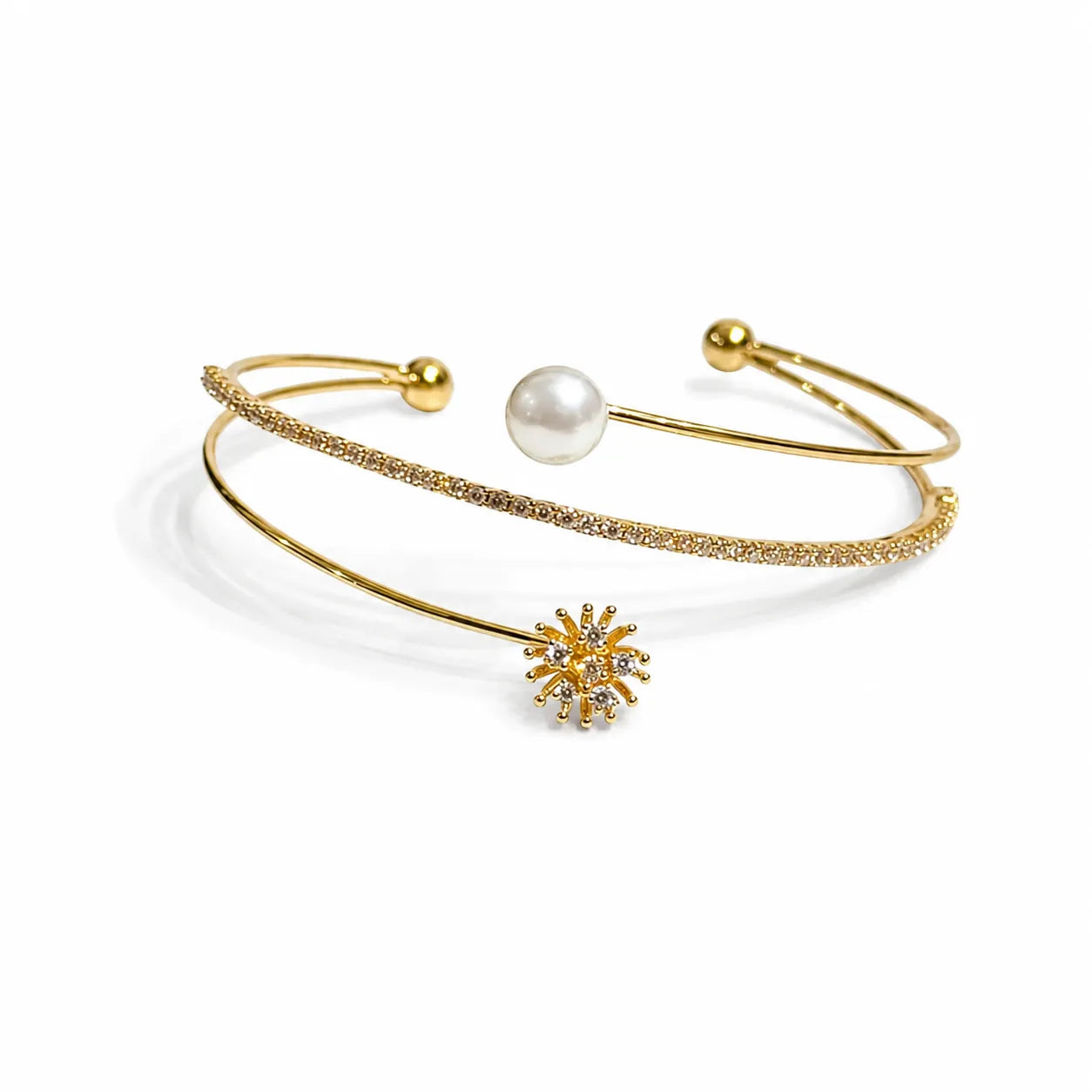 Marvel Silver gold-plated open cuff kada featuring sparkling cubic zirconia detailing, a premium pearl accent, and an elegant floral charm, designed for women and girls, perfect for weddings, parties, festive occasions, daily wear, and gifting.