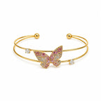 Marvel Silver gold-plated open cuff kada featuring a sparkling pink and white Cubic Zirconia butterfly centerpiece with crystal accents, designed for women and girls, perfect for daily wear, parties, weddings, festive occasions, office wear, and gifting.