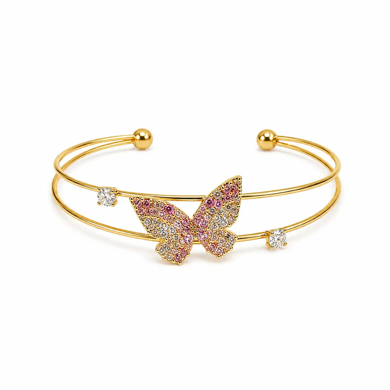 Marvel Silver gold-plated open cuff kada featuring a sparkling pink and white Cubic Zirconia butterfly centerpiece with crystal accents, designed for women and girls, perfect for daily wear, parties, weddings, festive occasions, office wear, and gifting.