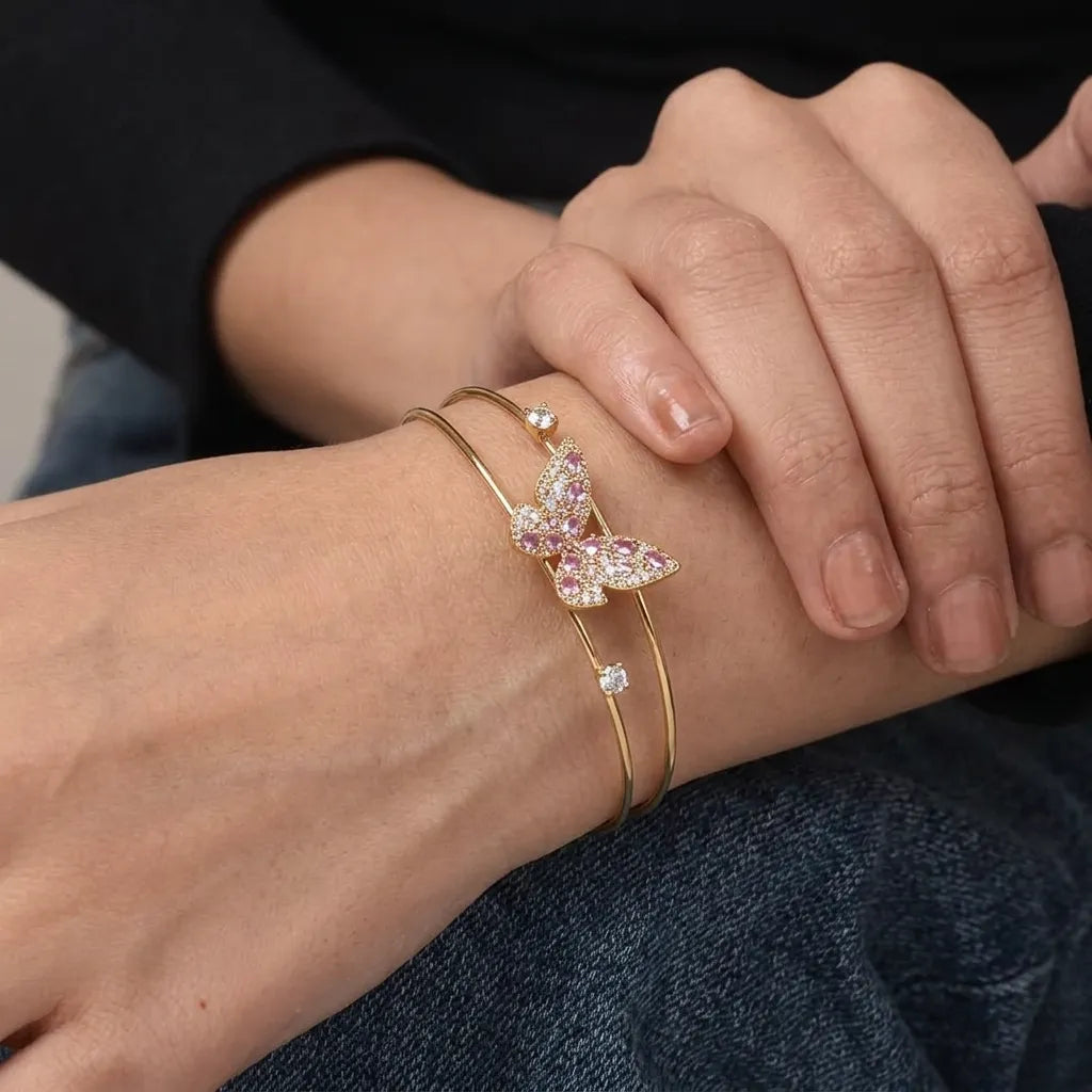 Marvel Silver gold-plated open cuff kada featuring a sparkling pink and white Cubic Zirconia butterfly centerpiece with crystal accents, designed for women and girls, perfect for daily wear, parties, weddings, festive occasions, office wear, and gifting.