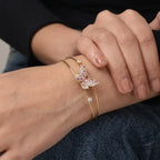 Marvel Silver gold-plated open cuff kada featuring a sparkling pink and white Cubic Zirconia butterfly centerpiece with crystal accents, designed for women and girls, perfect for daily wear, parties, weddings, festive occasions, office wear, and gifting.