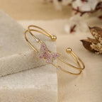 Marvel Silver gold-plated open cuff kada featuring a sparkling pink and white Cubic Zirconia butterfly centerpiece with crystal accents, designed for women and girls, perfect for daily wear, parties, weddings, festive occasions, office wear, and gifting.