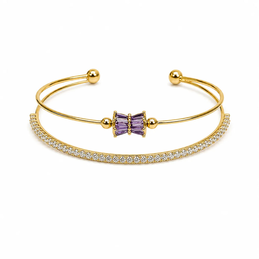 Marvel Silver gold-plated open cuff kada featuring a purple baguette crystal bow centerpiece with sparkling Cubic Zirconia detailing, designed for women and girls, perfect for daily wear, weddings, parties, festive occasions, office wear, and gifting.