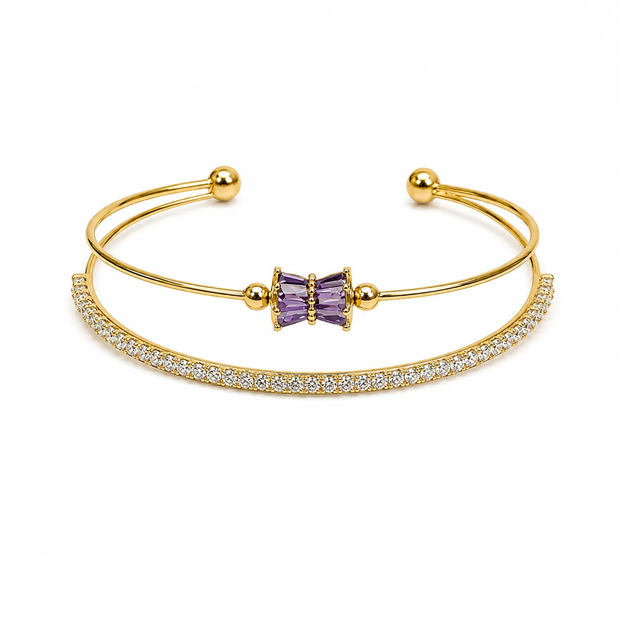 Marvel Silver gold-plated open cuff kada featuring a purple baguette crystal bow centerpiece with sparkling Cubic Zirconia detailing, designed for women and girls, perfect for daily wear, weddings, parties, festive occasions, office wear, and gifting.