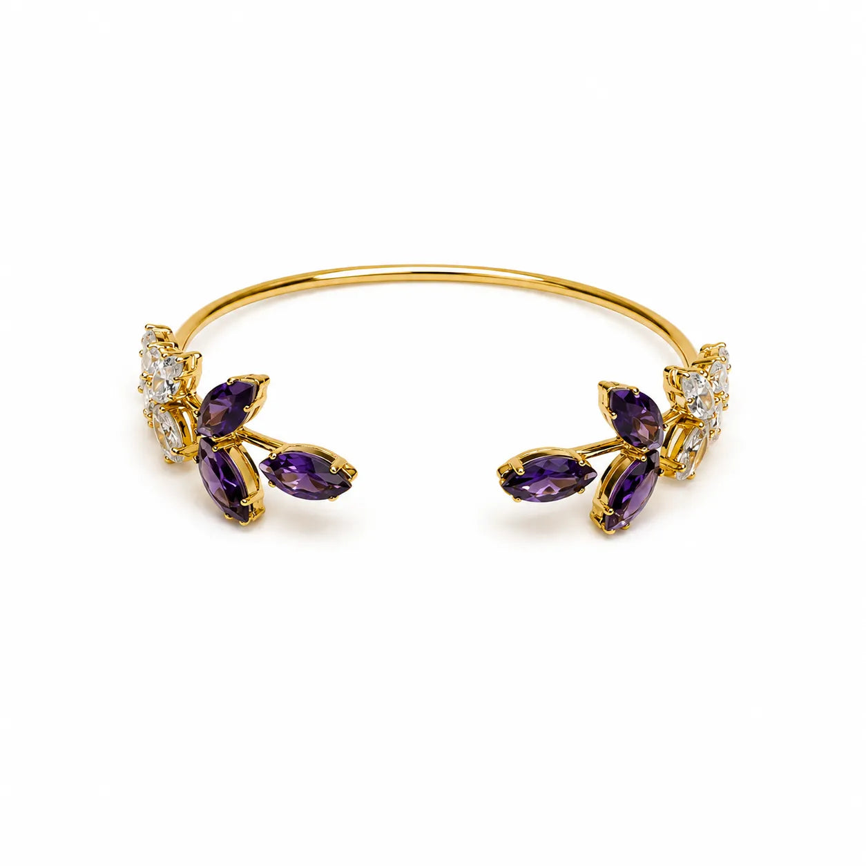 Marvel Silver gold-plated open cuff kada featuring purple marquise-cut crystal leaf motifs and sparkling Cubic Zirconia floral accents, designed for women and girls, perfect for weddings, parties, festive occasions, office wear, daily wear, and gifting.