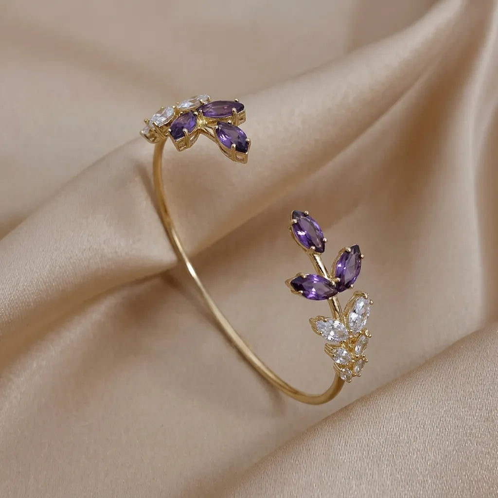 Marvel Silver gold-plated open cuff kada featuring purple marquise-cut crystal leaf motifs and sparkling Cubic Zirconia floral accents, designed for women and girls, perfect for weddings, parties, festive occasions, office wear, daily wear, and gifting.