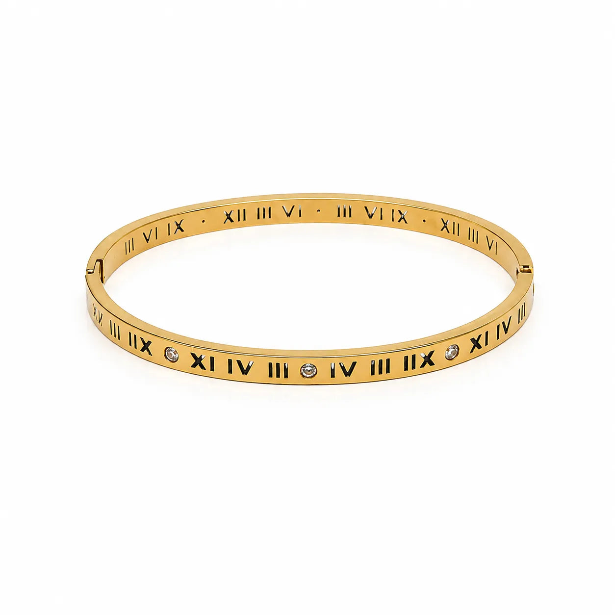 Marvel Silver gold-plated Roman numeral engraved kada bracelet featuring sparkling Cubic Zirconia stone accents with a secure hinged lock, designed for women and girls, perfect for daily wear, office, parties, weddings, festive occasions, and gifting.