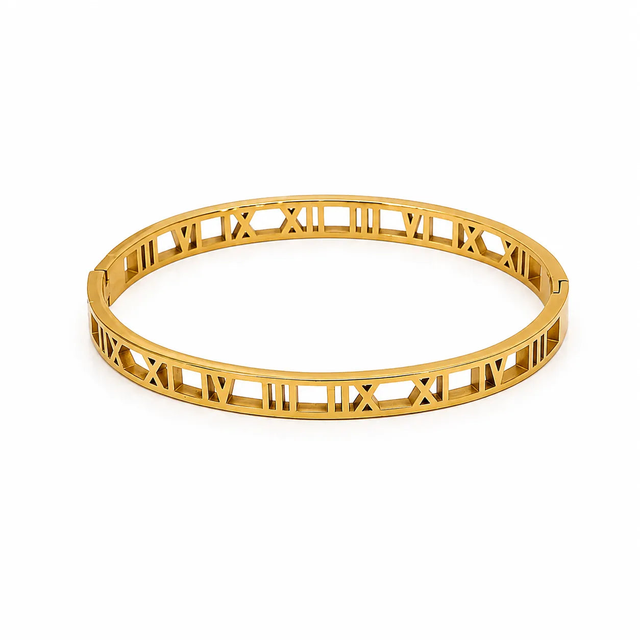 Marvel Silver gold-plated Roman numeral cutwork kada bracelet for women and girls featuring a sleek minimalist open design with a secure hinged closure, ideal for daily wear, office, parties, weddings, festive occasions, and gifting.