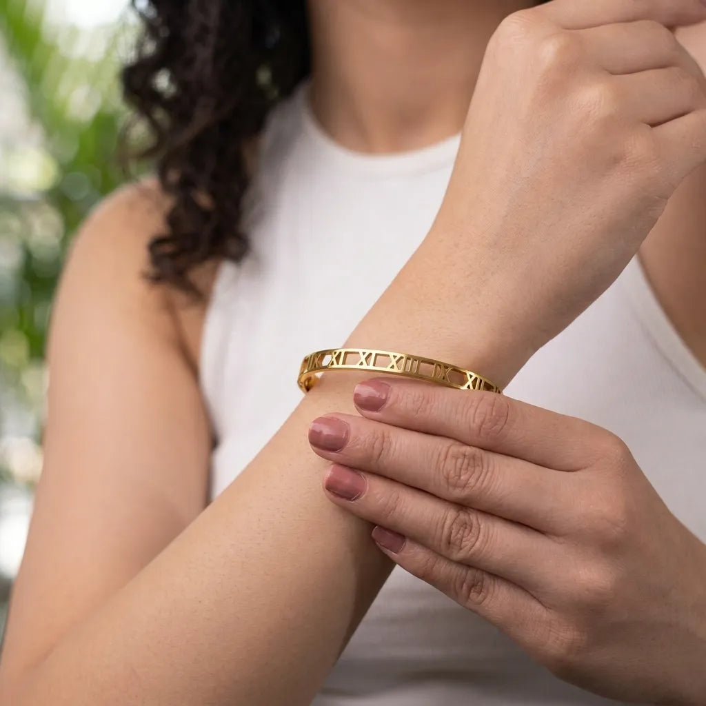 Marvel Silver gold-plated Roman numeral cutwork kada bracelet for women and girls featuring a sleek minimalist open design with a secure hinged closure, ideal for daily wear, office, parties, weddings, festive occasions, and gifting.