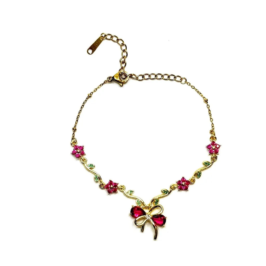 Marvel Silver gold-plated bracelet featuring a ruby-red butterfly centerpiece, floral stone charms, green leaf accents, and an adjustable extension chain for women and girls, ideal for daily wear, parties, weddings, festive occasions, and gifting.