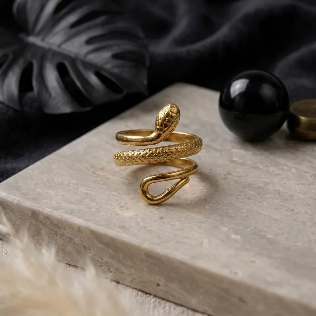 Marvel Silver gold-plated snake adjustable statement ring for women and girls featuring a detailed serpent wrap design with textured scales and a premium polished finish.