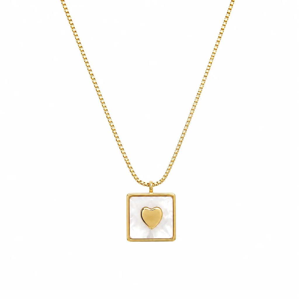 Marvel Silver gold-plated square white shell heart pendant necklace for women and girls on a delicate gold chain with minimalist design.