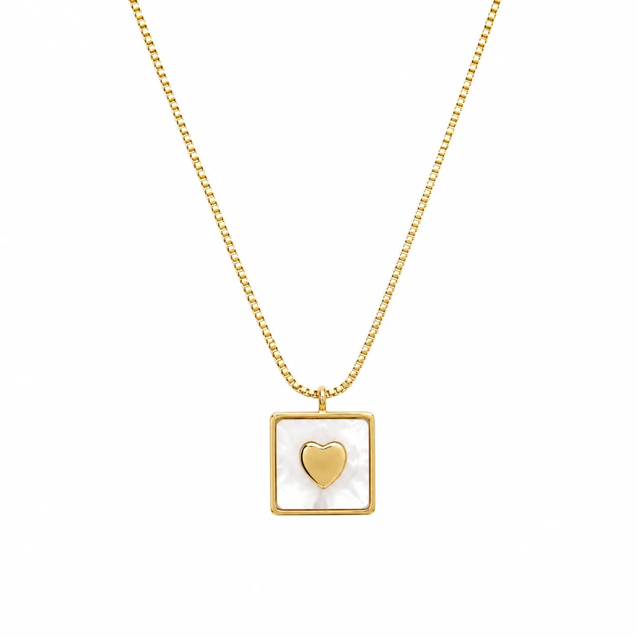 Marvel Silver gold-plated square white shell heart pendant necklace for women and girls on a delicate gold chain with minimalist design.