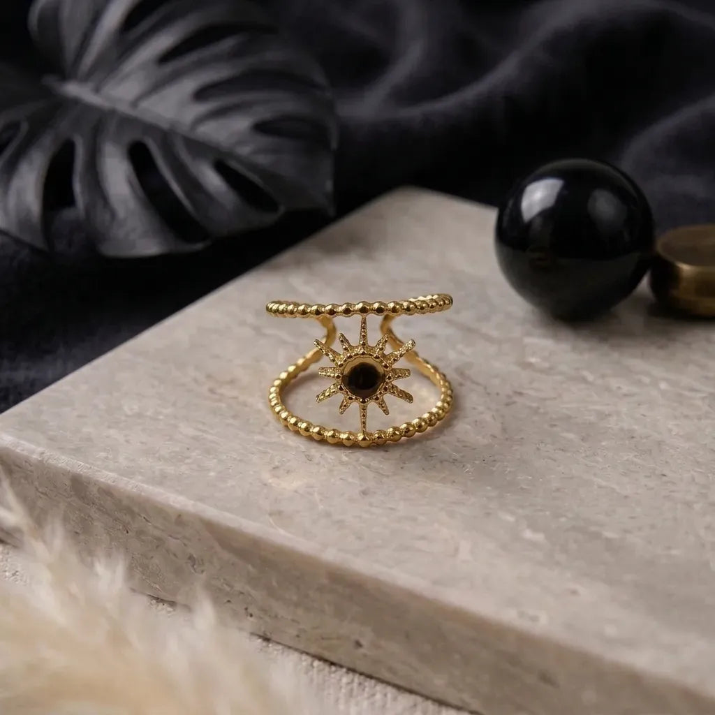 Marvel Silver gold-plated sun adjustable ring for women and girls featuring a radiant sun motif, beaded open-band design, and premium polished finish.
