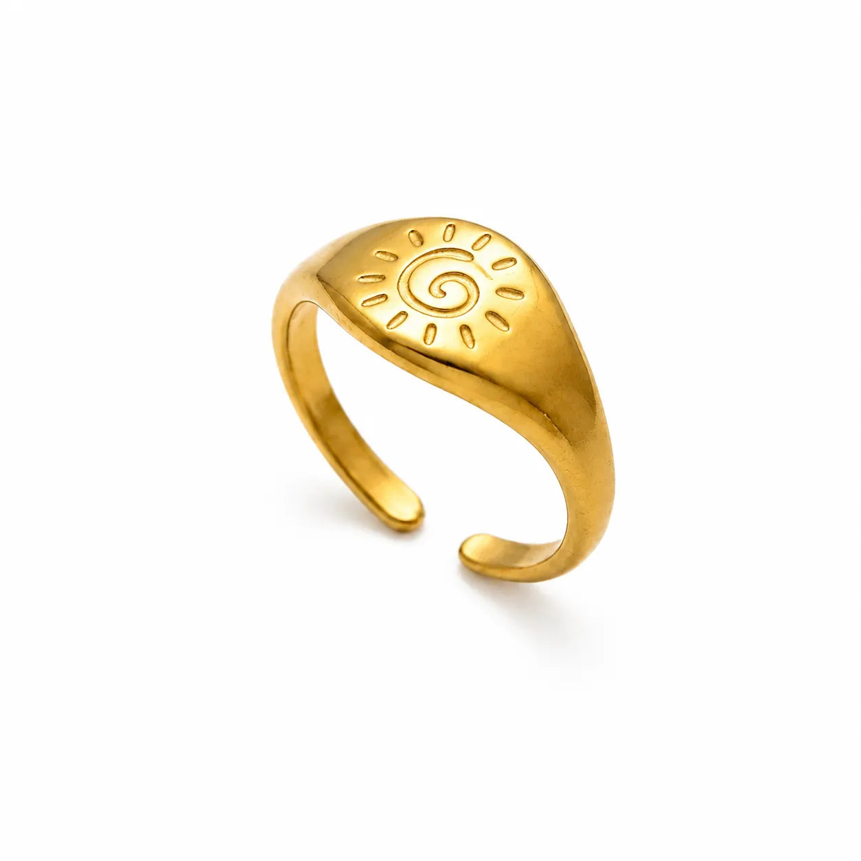 Marvel Silver gold-plated adjustable sun spiral signet ring for women and girls featuring an engraved celestial design with a premium polished finish, ideal for everyday, office, and party wear.