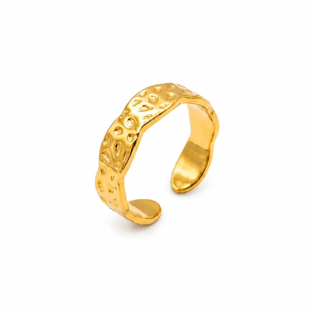 Marvel Silver gold-plated textured adjustable statement ring for women and girls featuring a hammered finish, geometric open-band design, and premium polished gold plating.