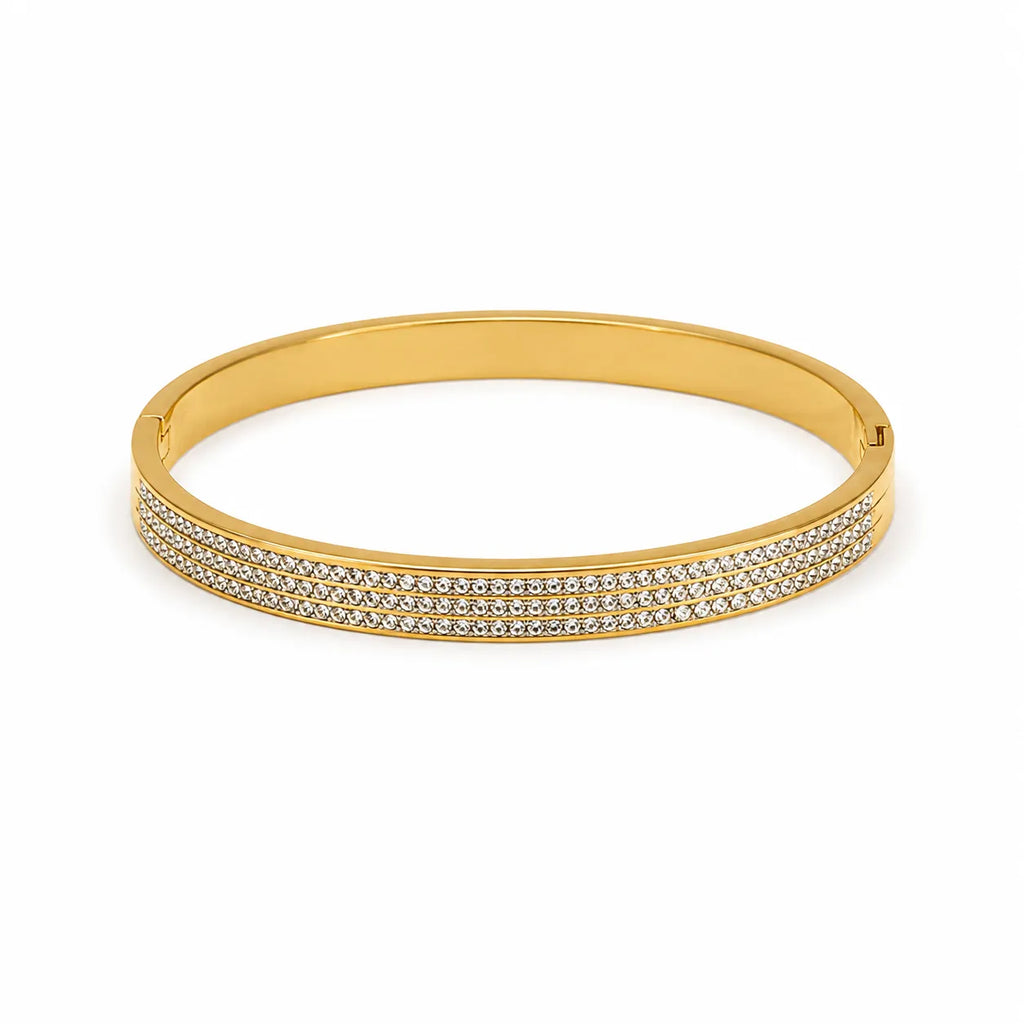 Marvel Silver gold-plated triple row Cubic Zirconia bangle kada featuring a sleek hinged lock design for women and girls, perfect for daily wear, office wear, parties, weddings, festive occasions, and gifting.