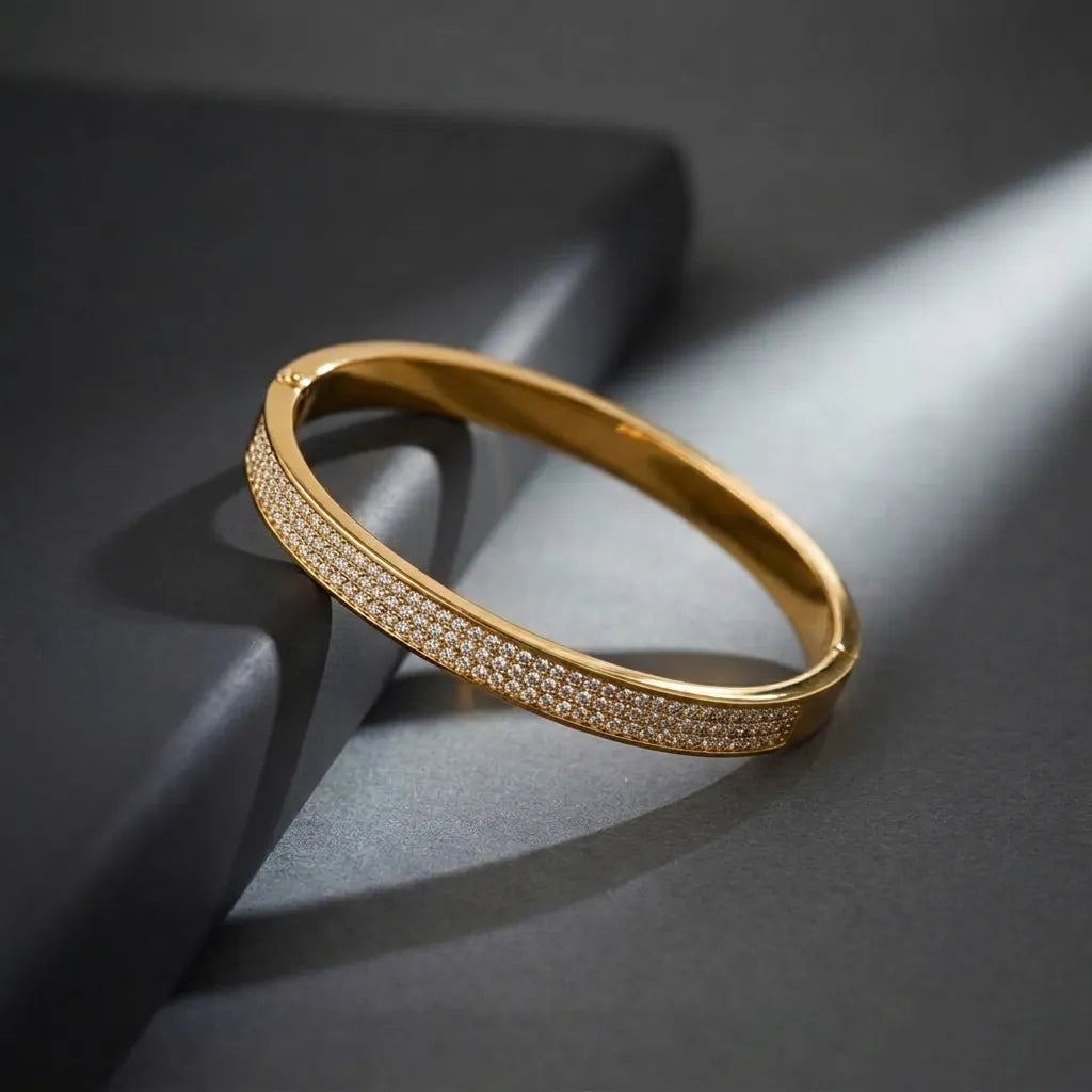 Marvel Silver gold-plated triple row Cubic Zirconia bangle kada featuring a sleek hinged lock design for women and girls, perfect for daily wear, office wear, parties, weddings, festive occasions, and gifting.