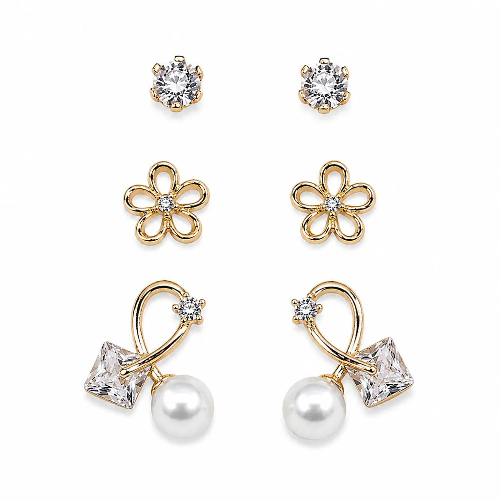 Marvel Silver Gold-Tone 3 Pair Imitation Earrings Set for Girls with Floral Stud and Pearl Drop Designs
