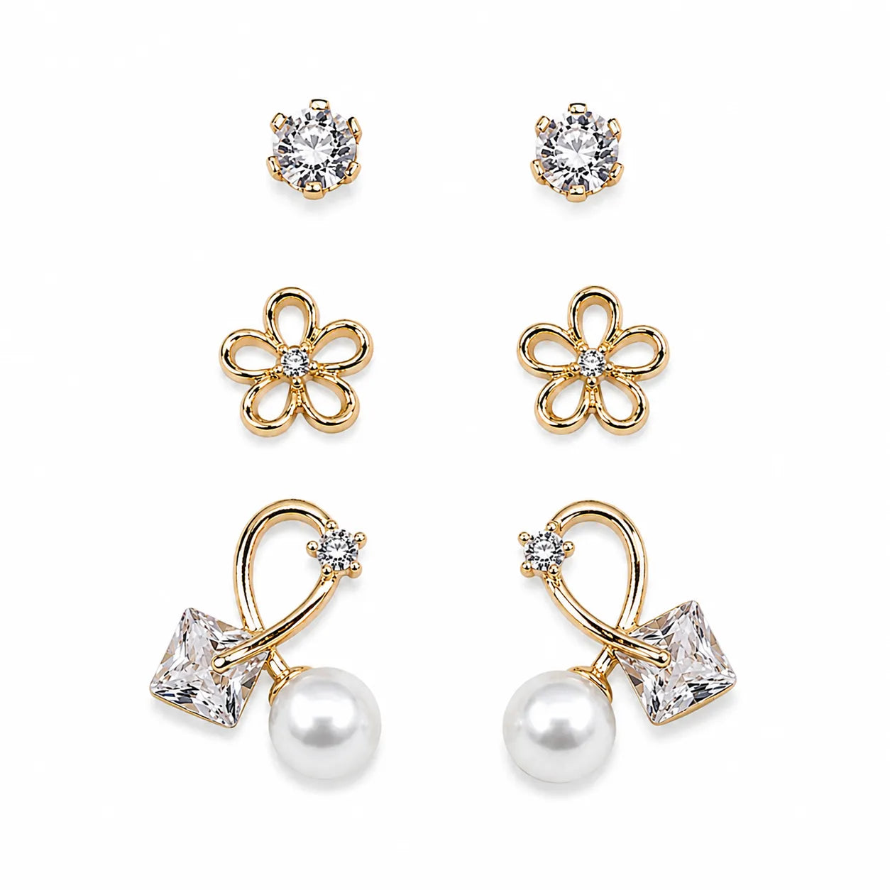 Marvel Silver Gold-Tone 3 Pair Imitation Earrings Set for Girls with Floral Stud and Pearl Drop Designs