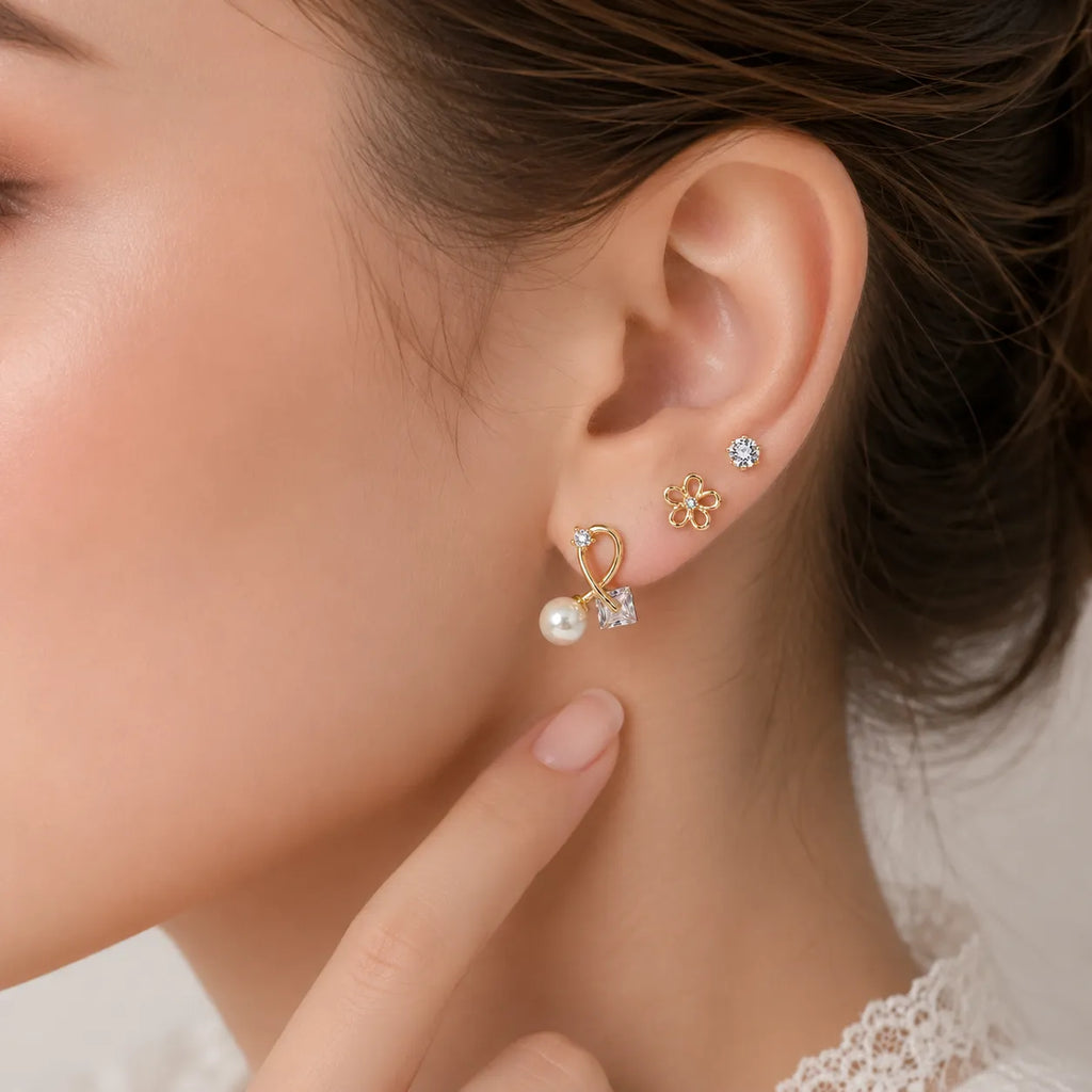 Marvel Silver Gold-Tone 3 Pair Imitation Earrings Set for Girls with Floral Stud and Pearl Drop Designs