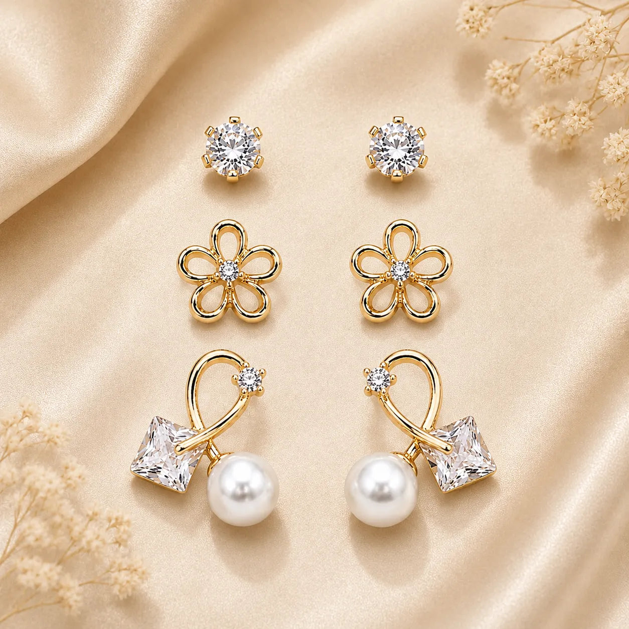 Marvel Silver Gold-Tone 3 Pair Imitation Earrings Set for Girls with Floral Stud and Pearl Drop Designs