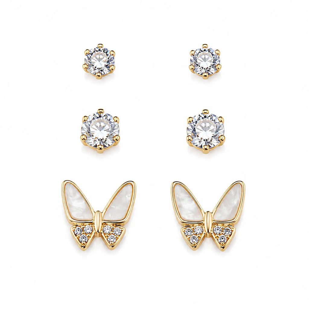 Marvel Silver Gold-Tone Butterfly and Solitaire 3 Pair Imitation Earrings Set for Girls