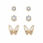 Marvel Silver Gold-Tone Butterfly and Solitaire 3 Pair Imitation Earrings Set for Girls