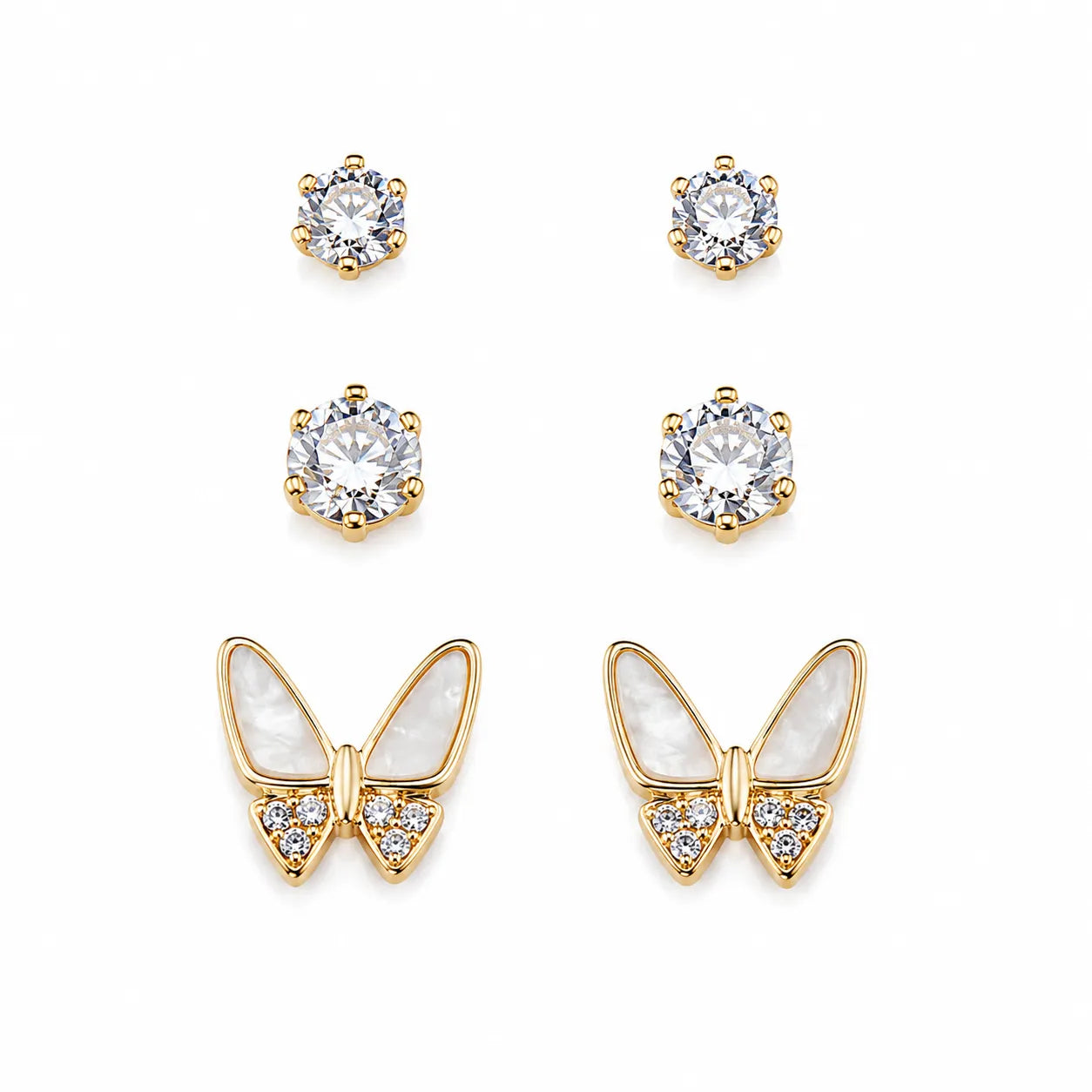 Marvel Silver Gold-Tone Butterfly and Solitaire 3 Pair Imitation Earrings Set for Girls