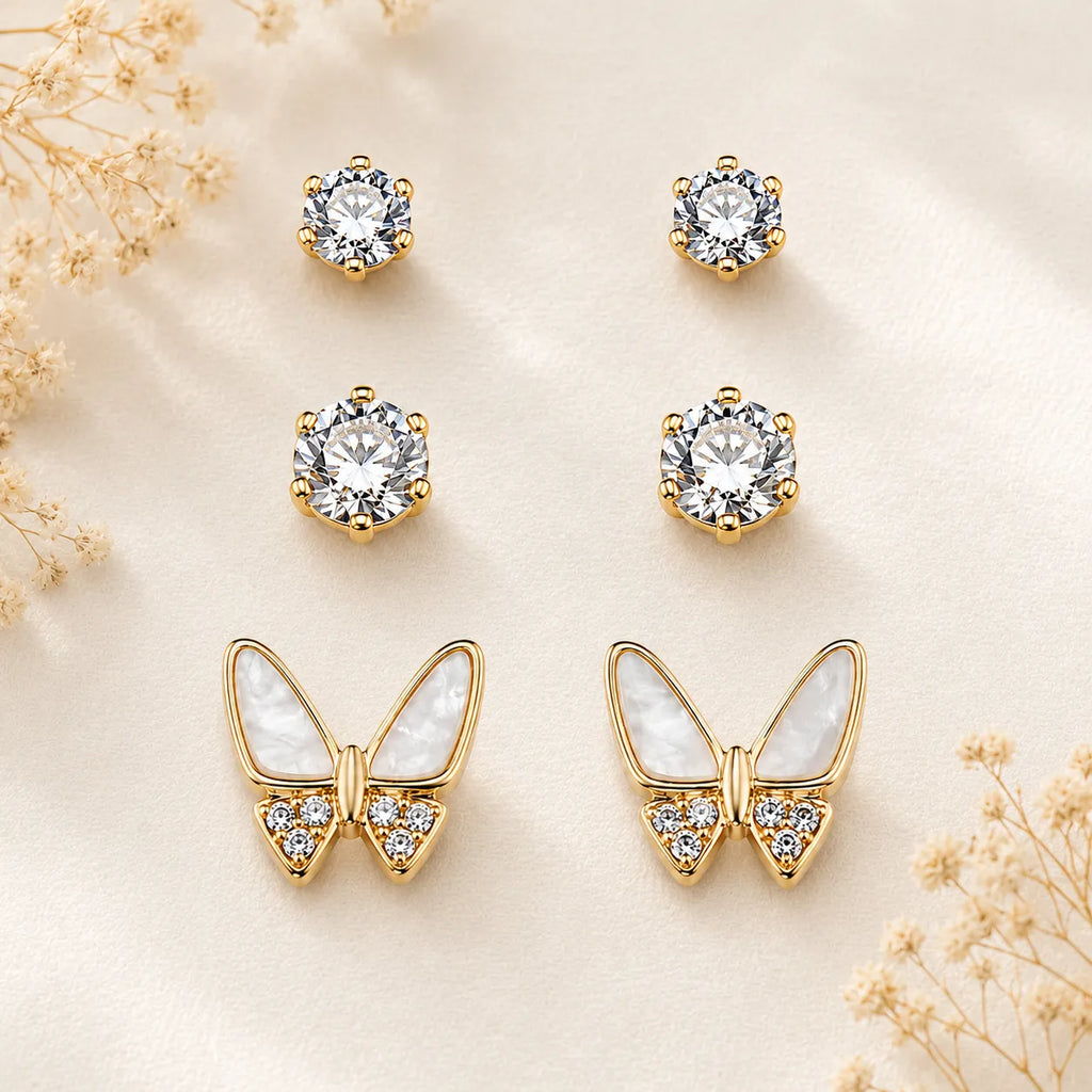 Marvel Silver Gold-Tone Butterfly and Solitaire 3 Pair Imitation Earrings Set for Girls