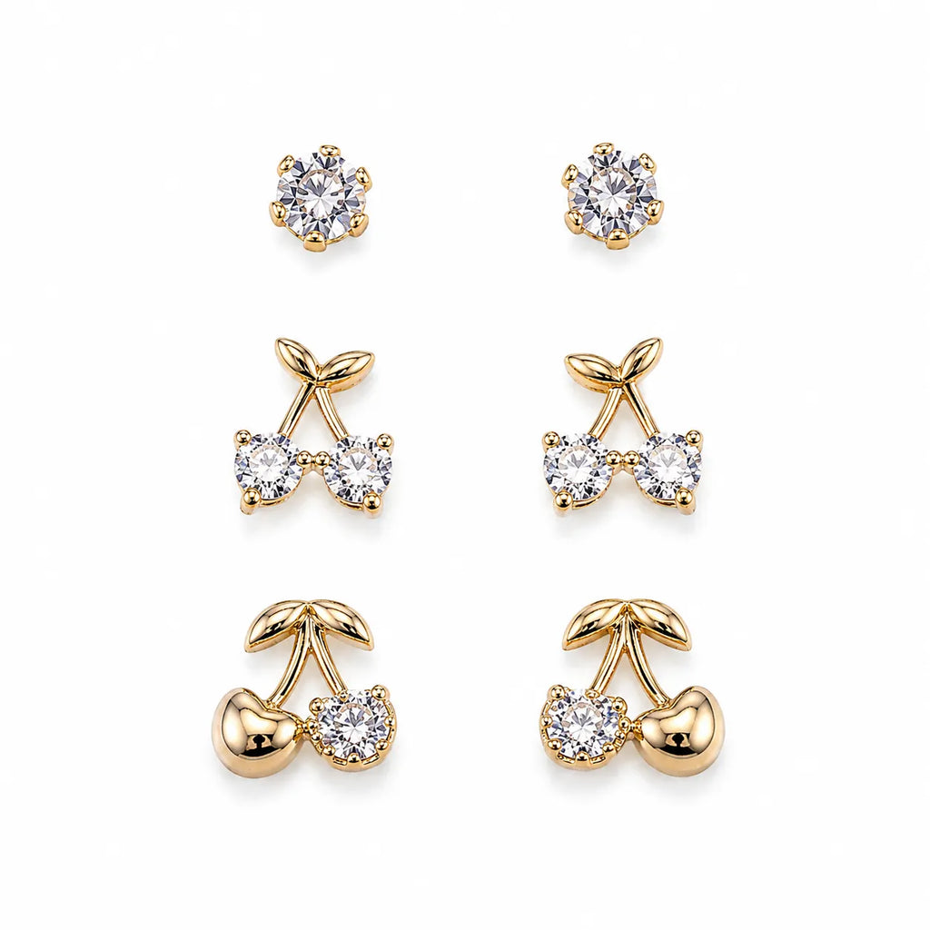 Marvel Silver Gold-Tone Cherry Design 3 Pair Imitation Earrings Set for Girls with Sparkling Stones