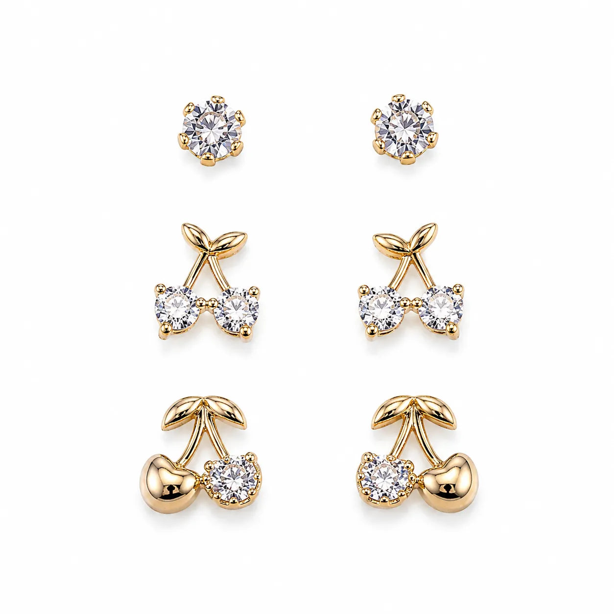 Marvel Silver Gold-Tone Cherry Design 3 Pair Imitation Earrings Set for Girls with Sparkling Stones