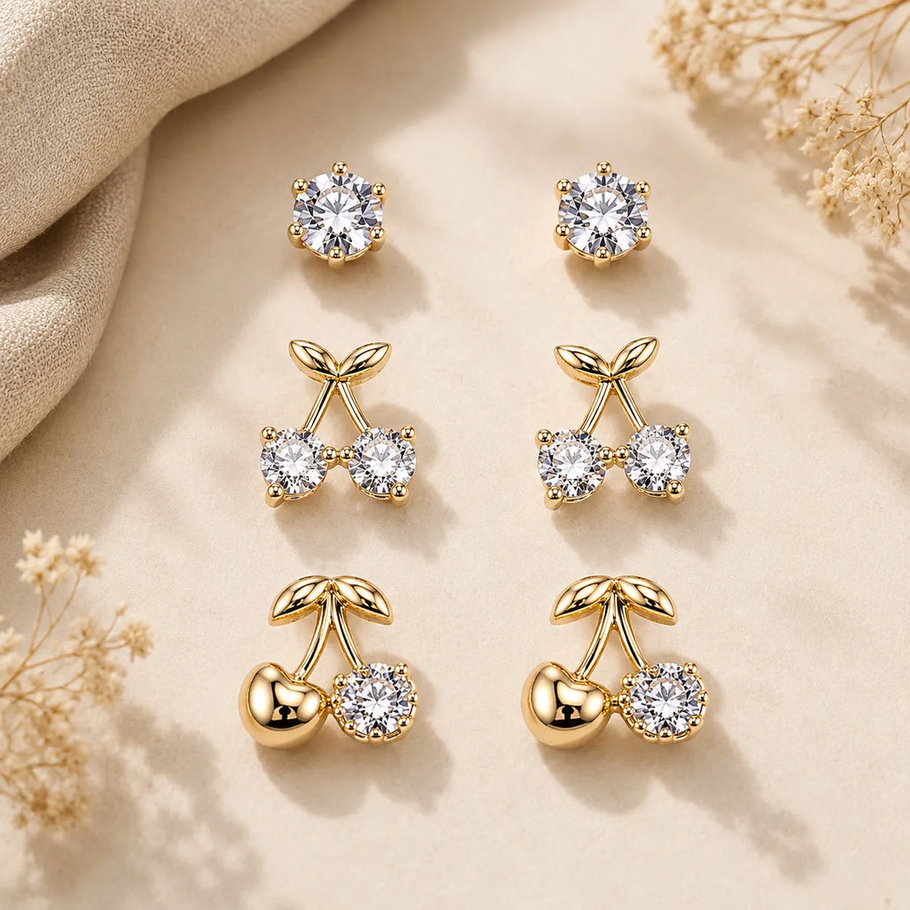 Marvel Silver Gold-Tone Cherry Design 3 Pair Imitation Earrings Set for Girls with Sparkling Stones