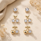 Marvel Silver Gold-Tone Cherry Design 3 Pair Imitation Earrings Set for Girls with Sparkling Stones