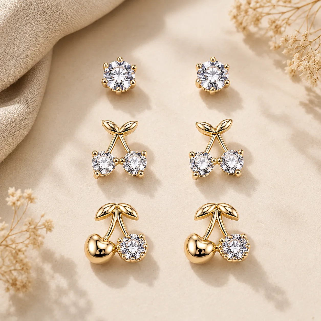 Marvel Silver Gold-Tone Cherry Design 3 Pair Imitation Earrings Set for Girls with Sparkling Stones
