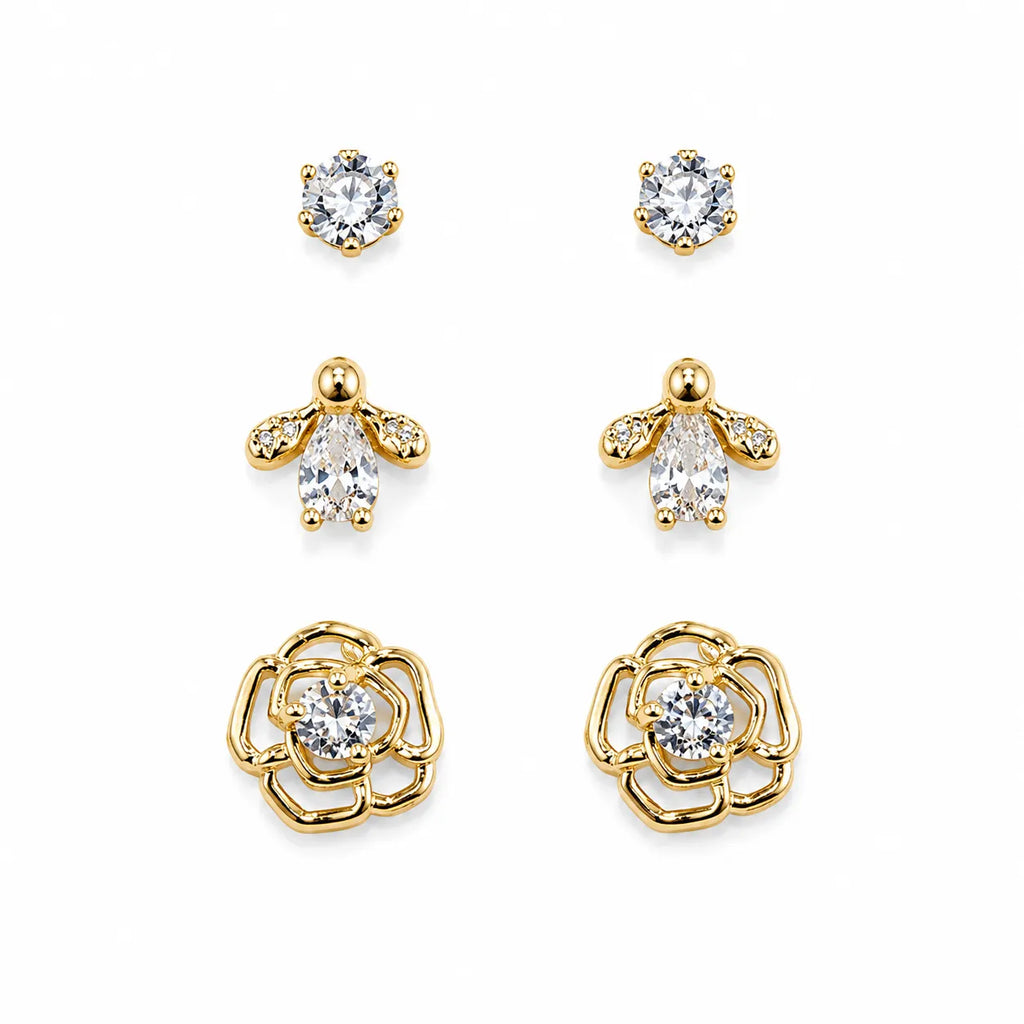 Marvel Silver Gold-Tone Floral Bee and Stone 3 Pair Imitation Earrings Set for Girls